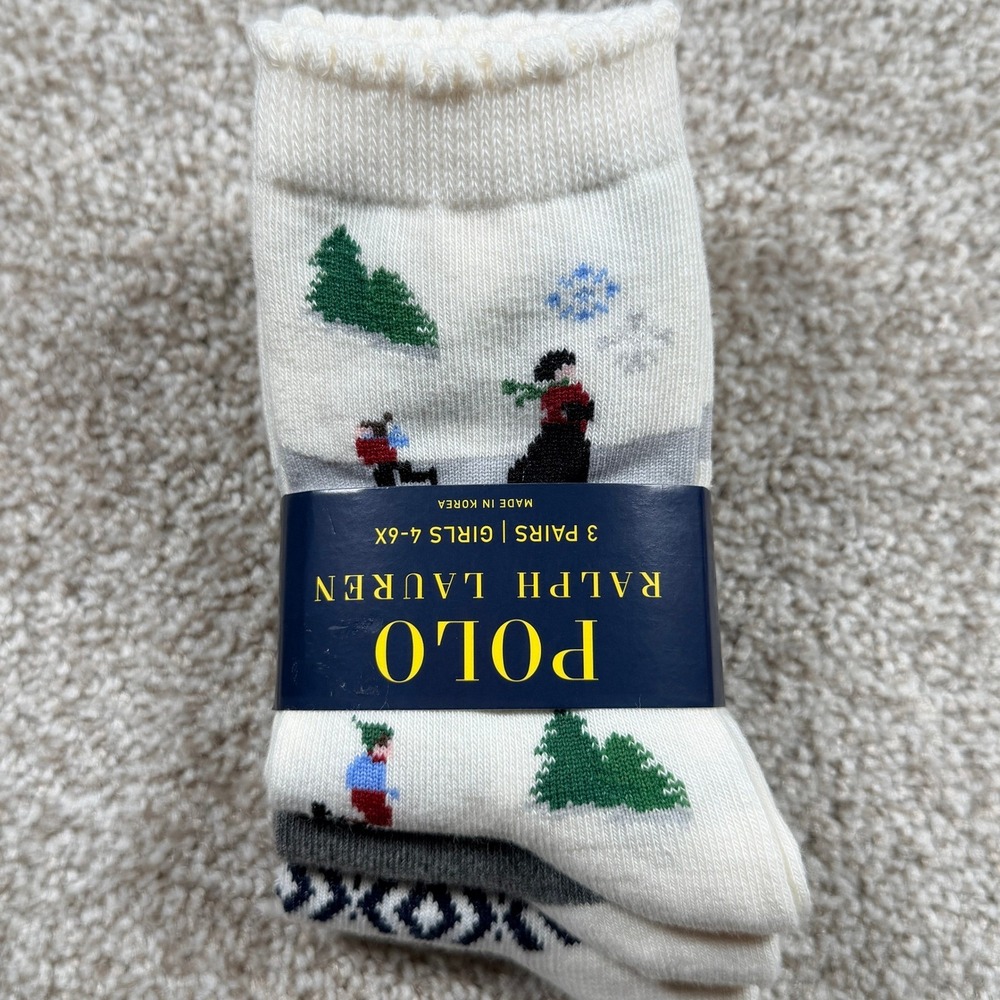 Polo Ralph Lauren Winter Holiday Girl's 3 Pack Socks 4-6X Shoe 10-13 Ivory Grey